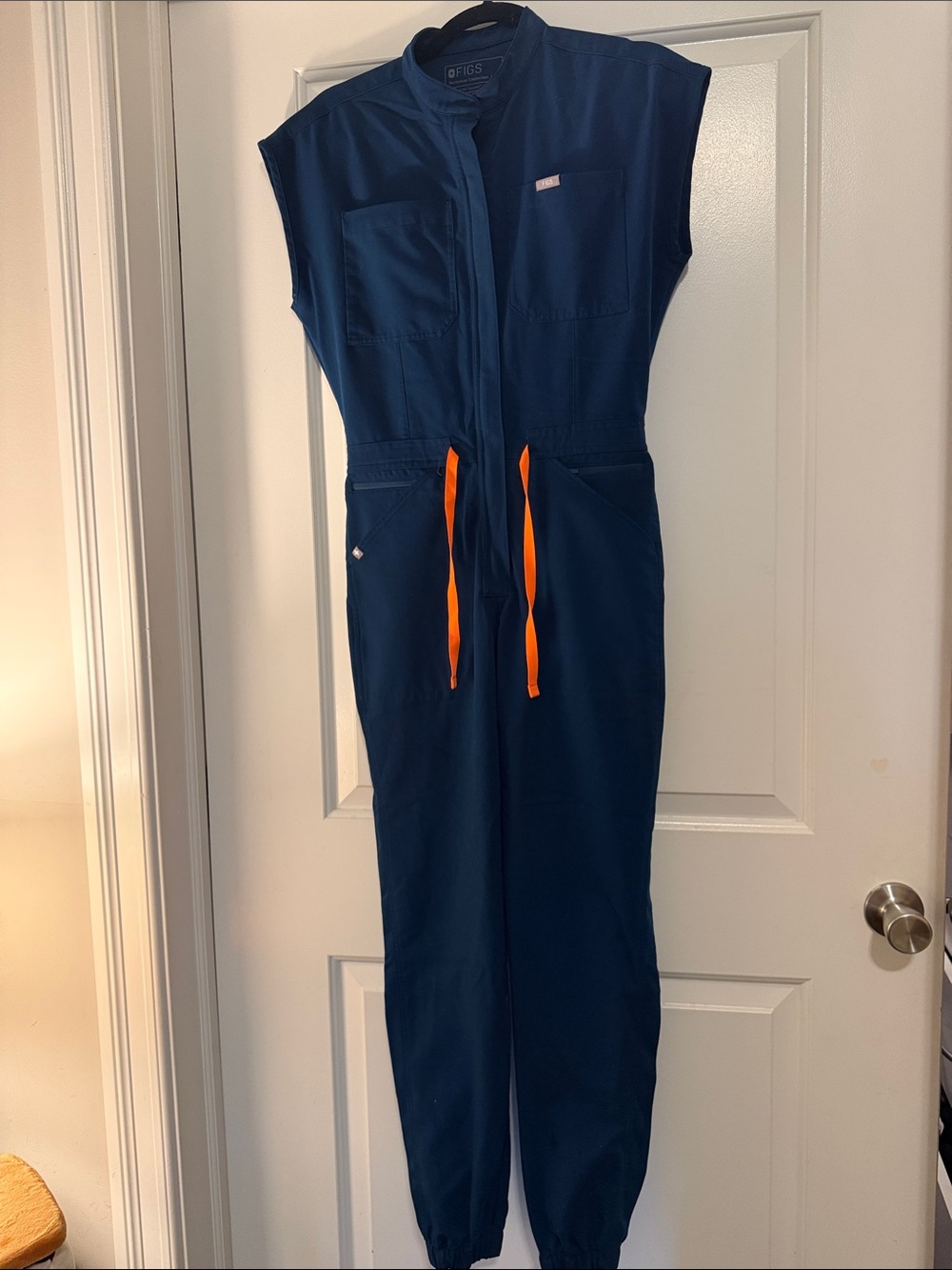 Figs Navy Jumpsuit with Orange Drawcords